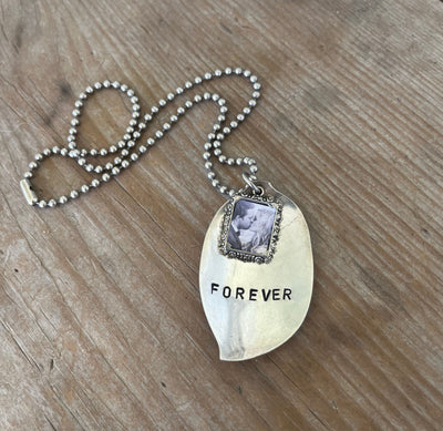 Handcrafted FOREVER stamped spoon necklace with pewter photo frame on vintage ball chain, upcycled silverplate jewelry