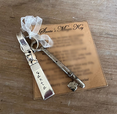 Santa's Magic Key with hand-stamped "Santa" silverware tag and white ribbon bow with printed poem card - handcrafted upcycled vintage silverware - Laughing Frog Studio