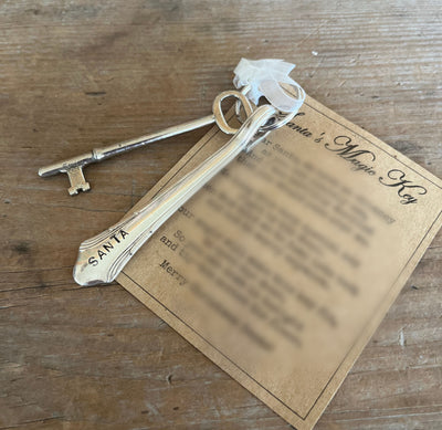 Santa's Magic Key with hand-stamped "Santa" silverware tag, antique skeleton key, white ribbon bow with printed poem card - handcrafted upcycled vintage silverware - Laughing Frog Studio