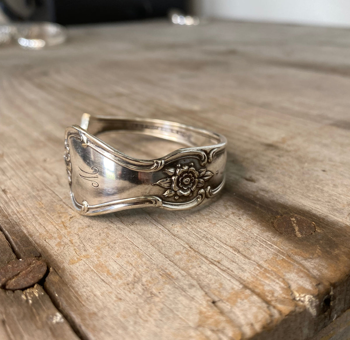 Monogrammed Spoon cuff bracelet - handcrafted from upcycled vintage silverware - Laughing Frog Studio