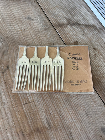 Hand-stamped vintage fork cheese markers detail - contemporary font on upcycled antique silverware for cheese board