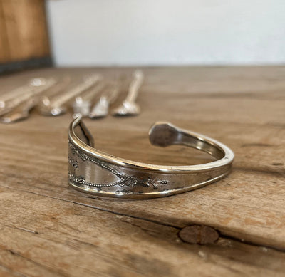Upcycled vintage spoon cuff bracelet Bride pattern with hand-stamped message - handcrafted artisan silverware jewelry