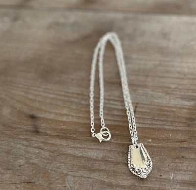 Upcycled Pearl Fenwick spoon handle necklace on adjustable 18-inch silverplate chain, one-of-a-kind antique Stratford Silver Co. jewelry