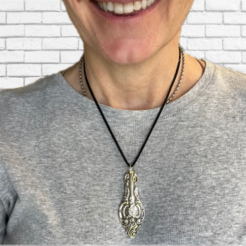 Upcycled Wallace Silverplate Baroque ladle pendant on 18-inch black silk cord, one-of-a-kind antique silverware statement necklace