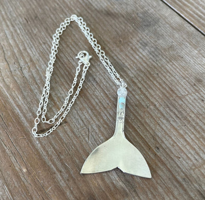 Handmade spoon mermaid whale tail pendant necklace on 18-inch silverplate chain, one-of-a-kind sustainable jewelry