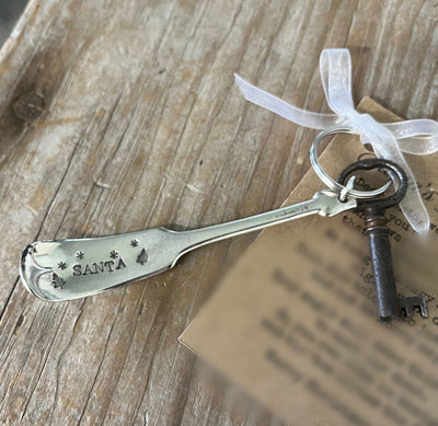 Hand-stamped vintage spoon keyring Santa's Magic Key with antique skeleton key and holiday poem card - handcrafted from upcycled vintage silverware - Laughing Frog Studio