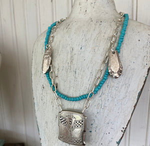 UPcycled silverware necklace with antique monogrammed belt buckle