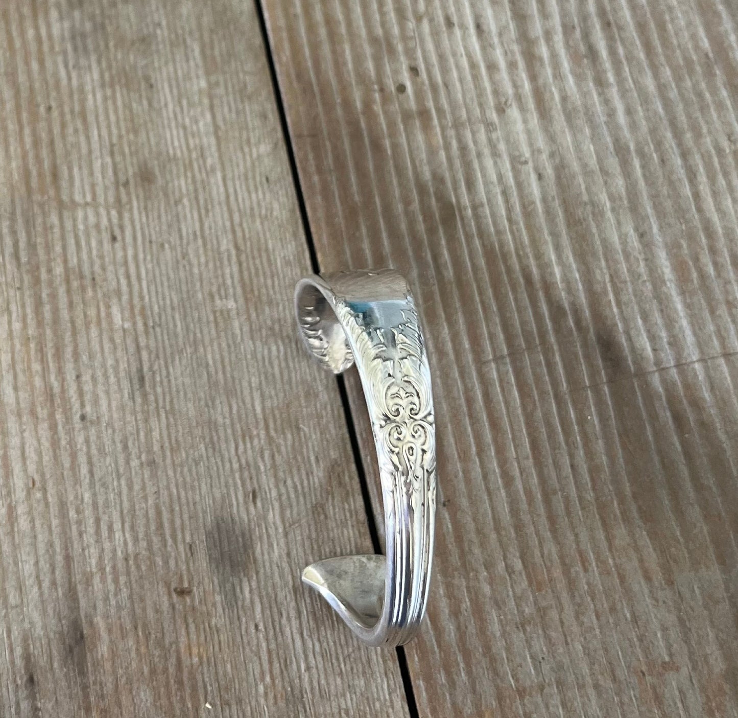 Personalized FLW monogram silverplate spoon cuff bracelet detail - handcrafted from upcycled vintage silverware - Laughing Frog Studio