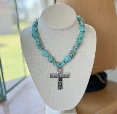 Spoon Cross Pendant on Chunky Turquoise Howlite Choker Necklace - CAPRICE - #5693