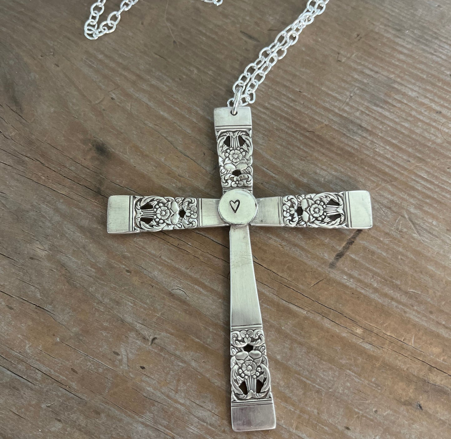 Back heart detail on Boho spoon cross necklace - upcycled Coronation pattern silverware jewelry
