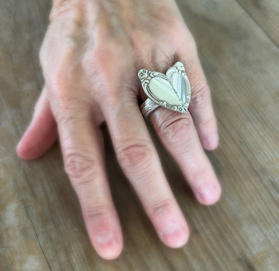 Victorian Rose heart ring shown on hand - handcrafted upcycled silverware jewelry