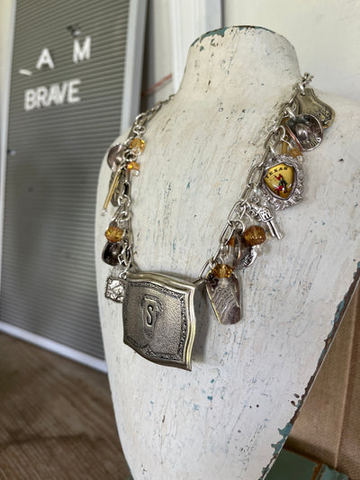 Texas Pride spoon charm necklace with S initial buckle - artisan silverware