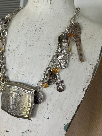 Close-up of Texas Pride spoon charm necklace - upcycled vintage silverware