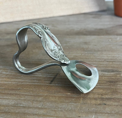 Profile of QUEEN ANNE pattern ergonomic heart handle cheese knife with perforated blade - Ergonomic Heart Handle Cheese Knife - handcrafted from upcycled vintage silverware - Laughing Frog Studio