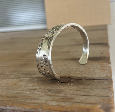 FUCKITY FUCK FUCK hand-stamped spoon cuff bracelet with modern font side view - 1936 W.A. Rogers Meadowbrook - upcycled vintage silverware - Laughing Frog Studio