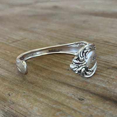 Upcycled vintage spoon cuff bracelet Chalice pattern with hand-stamped message - handcrafted artisan silverware jewelry