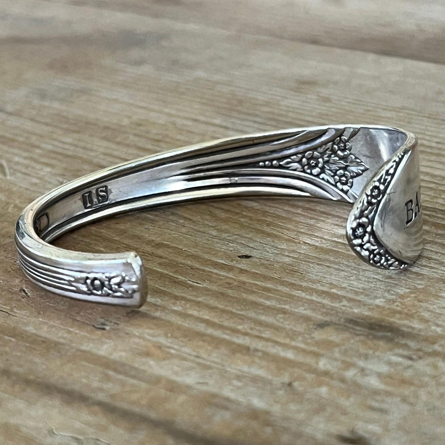 Inside of Devonshire/Mary Lou BADASS hand-stamped spoon cuff bracelet - upcycled vintage silverware - Laughing Frog Studio