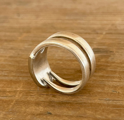 Side view of Double fork tine ring hand-stamped with a heart - handcrafted from upcycled vintage silverware - Laughing Frog Studio