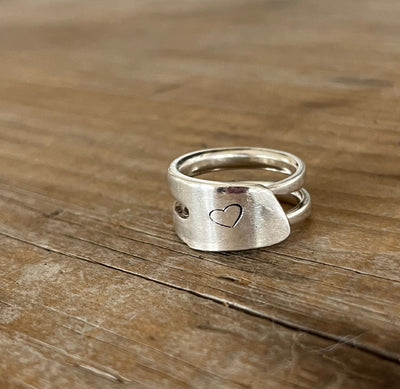 Double fork tine ring hand-stamped with a heart - size 10 - handcrafted from upcycled vintage silverware - Laughing Frog Studio