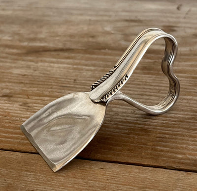 William Rogers Chatham Ergonomic heart handle spoon cheese knife side view showing unique design - upcycled vintage silverware - Laughing Frog Studio