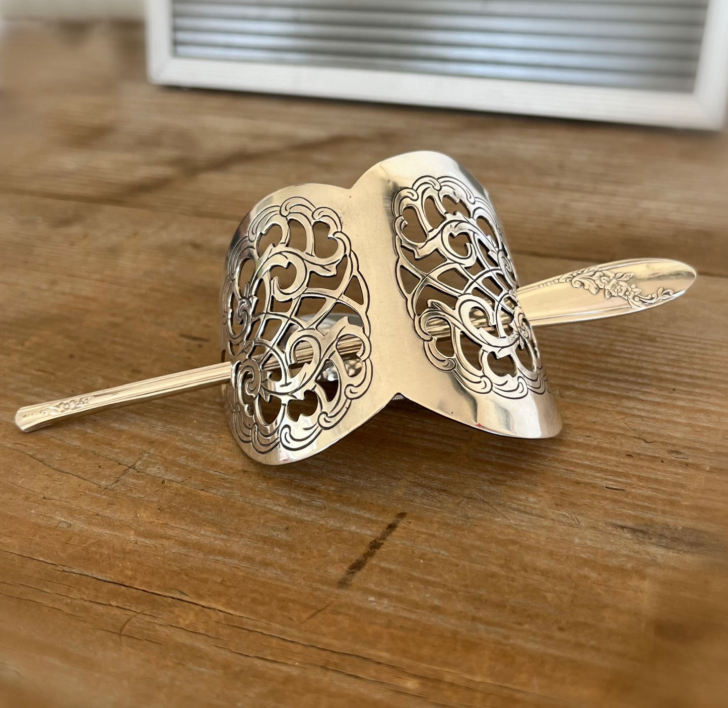 Handcrafted danish cake server barrette w/ Quess Bess silverware stick flat lay - upcycled vintage silverware - Laughing Frog Studio