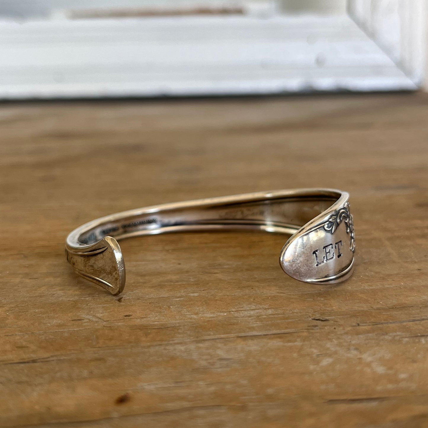 Upcycled vintage spoon cuff bracelet Queen Bess II pattern with hand-stamped LET THEM