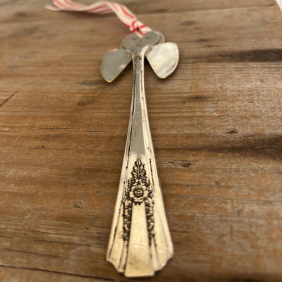 Alternate view of Frances artisan angel ornament with spoon handle body and spoon bowl wings with red striped ribbon hanger - handcrafted upcycled vintage silverware ornament - Laughing Frog Studio