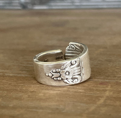 Back view of HARMONY spoon ring band - handcrafted upcycled silverware jewelry - Laughing Frog Studio