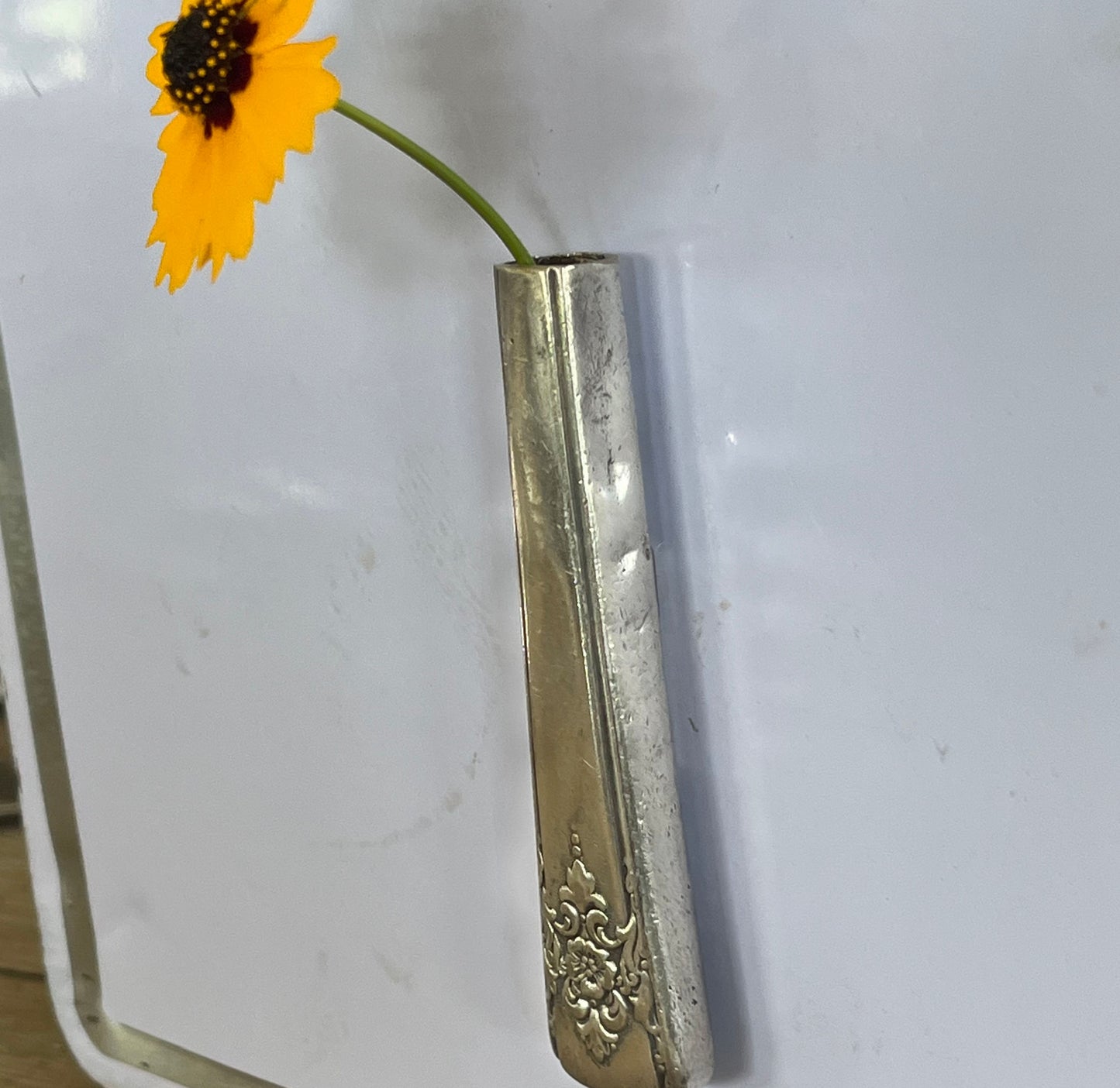 Side view of magnet mount Mountain Rose silver-plate knife handle bud vase - handcrafted from upcycled vintage silverware - Laughing Frog Studio
