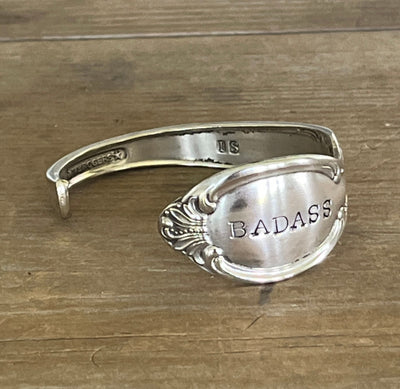 Stamping view of PRECIOUS MIRROR hand-stamped BADASS spoon cuff bracelet - handcrafted from upcycled vintage silverware - Laughing Frog Studio