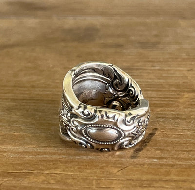 Detail view of Towle King Richard sterling silver spoon ring - handcrafted from upcycled vintage silverware - Laughing Frog Studio