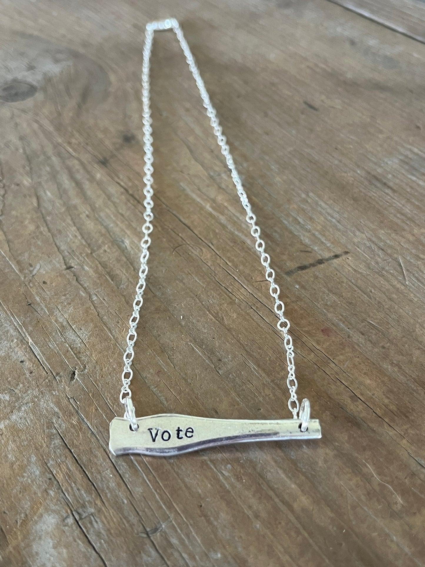 VOTE bar choker necklace full flat lay full view - hand-stamped upcycled vintage Wallace silverplate - Laughing Frog Studio