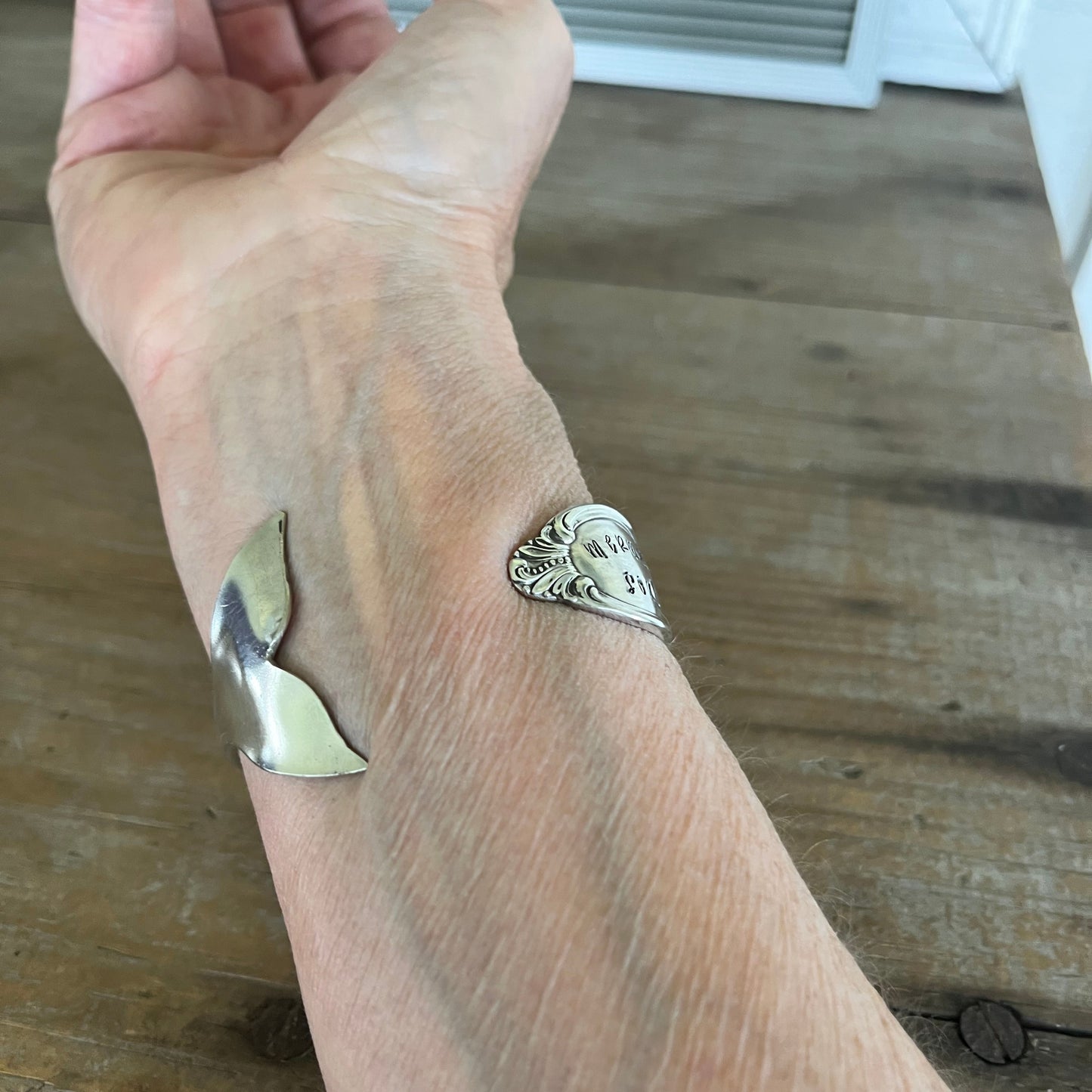 Worn on wrist underside view - Mermaid Soul Precious Mirror pattern spoon cuff bracelet - handcrafted from upcycled vintage silverware - Laughing Frog Studio