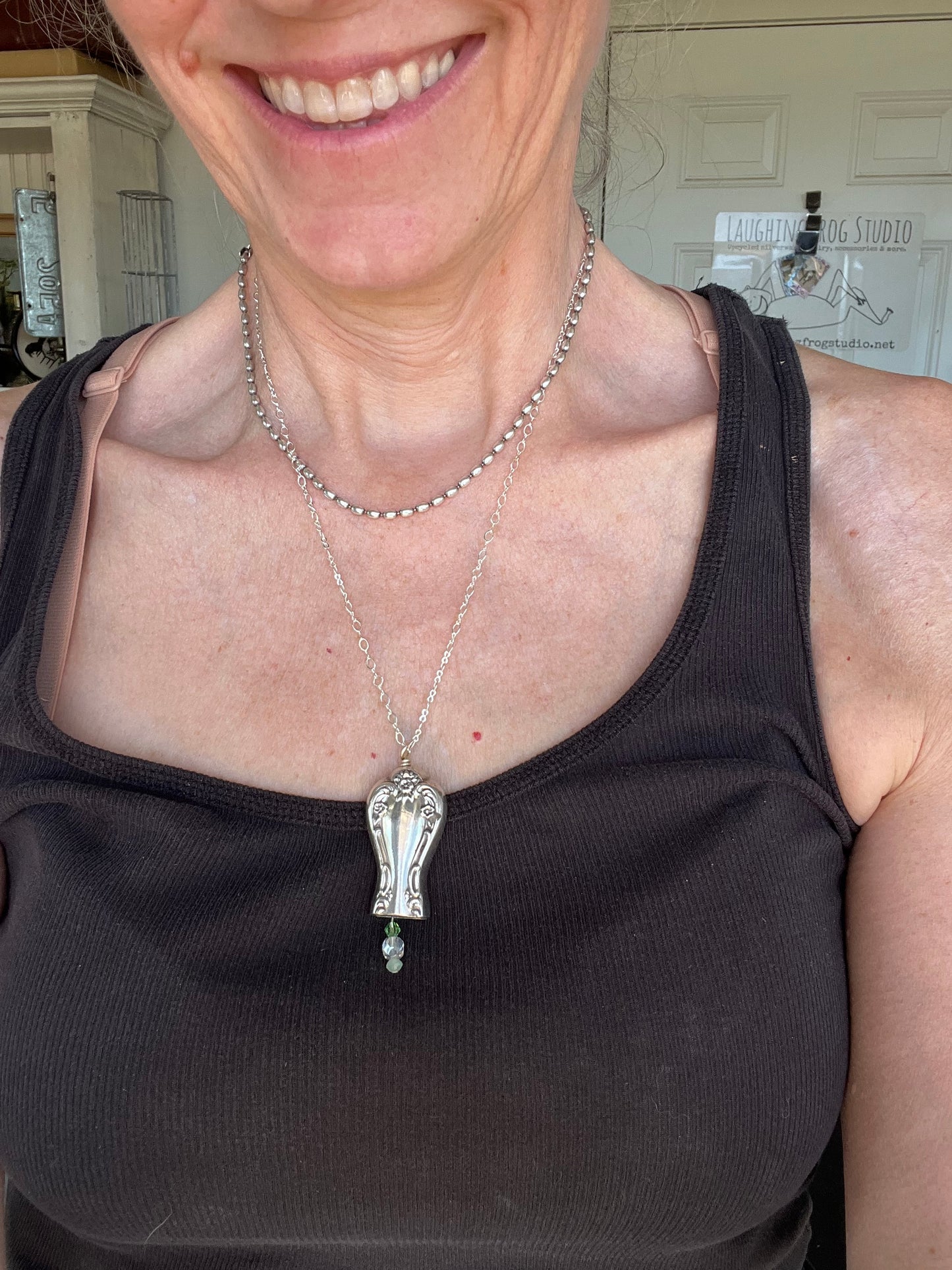 Rogers Brothers Daybreak knife bell necklace with green bead clapper on chain - handcrafted from upcycled vintage silverware - Laughing Frog Studio