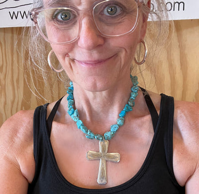 NUART cross with turquoise howlite choker worn to show fit and scale - Spoon cross necklace - handcrafted from upcycled vintage silverware - Laughing Frog Studio