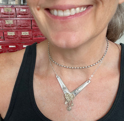 spoon chevron choker necklace made from two upcycled 1937 William Rogers Memory pattern silverplate handles - one-of-a-kind artisan jewelry shown on model