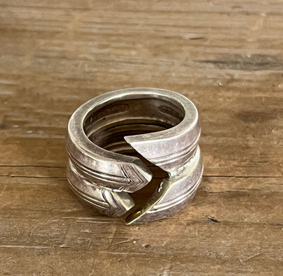 Top view of wide silverware handles double wrap ring with arrow chevron detail on - handcrafted from upcycled vintage silverware - Laughing Frog Studio