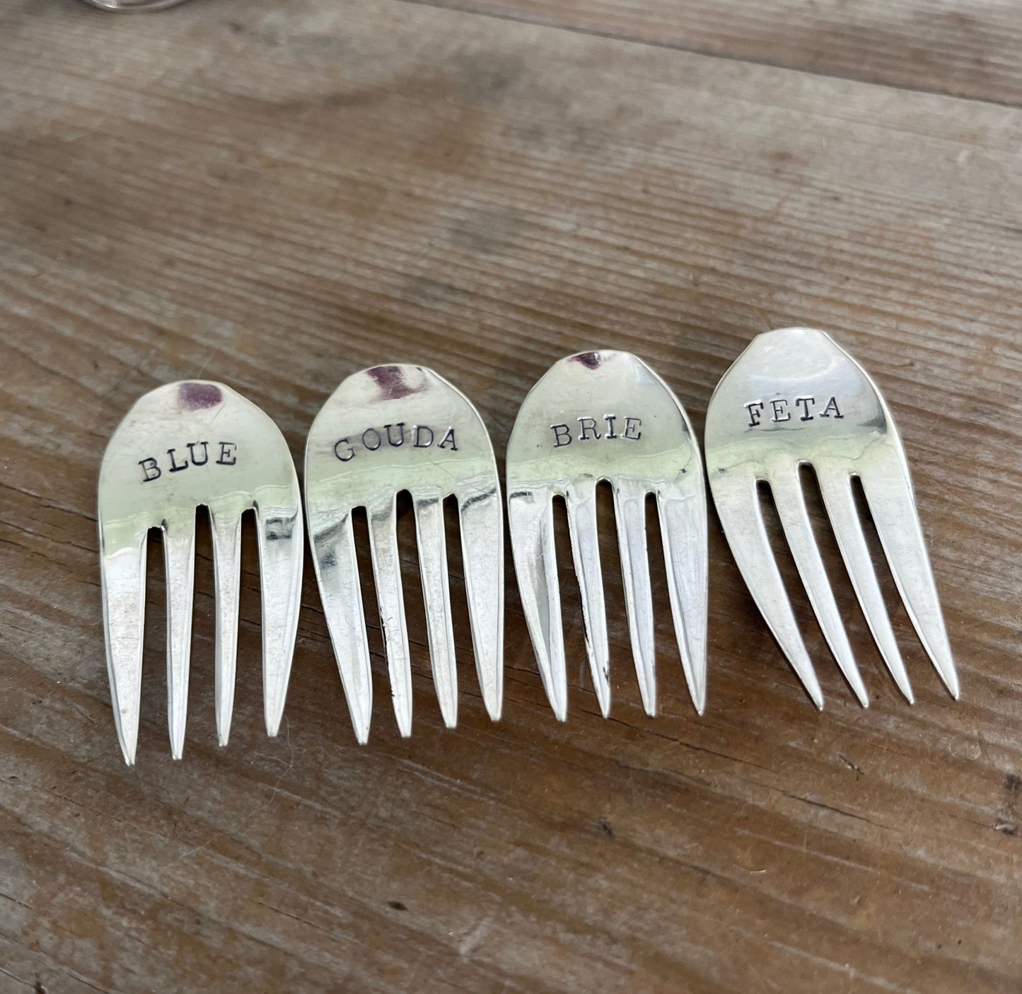 Upcycled fork cheese markers set - one-of-a-kind vintage silverware labels for cheese board entertaining