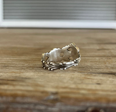 Close-up of inside of delicate SWEDEN pattern spoon ring showing elegant Scandinavian design detail