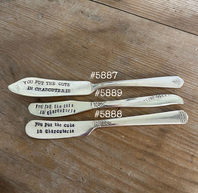 Upcycled silverware cheese spreaders - You Put the Cute in Charcuterie hand-stamped knives for cheese lovers