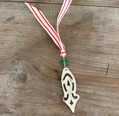 Mid Century Retro HAND made Christmas ornament from vintage slotted spoon