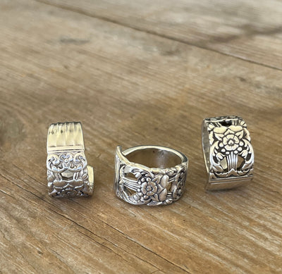 Trio of CORONATION pattern spoon rings displaying unique upcycled silverware design