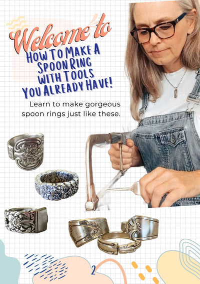 Tools and handmade spoon rings created using how to make a spoon ring guide pdf upcycled vintage silverware jewelry examples