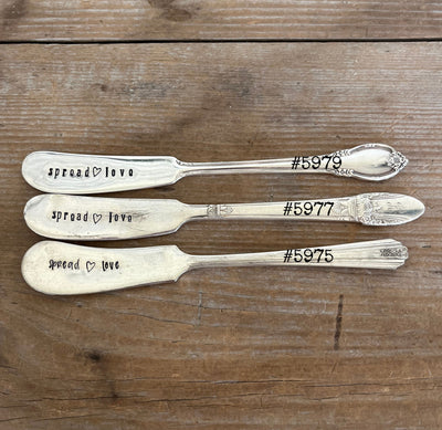 Three Spread Love hand-stamped vintage cheese spreaders - upcycled silverware knife collection