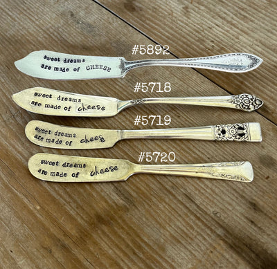 Hand-stamped vintage cheese spreader group - Sweet Dreams Are Made of Cheese - upcycled antique silverware hostess gifts
