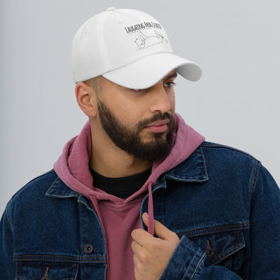 Male model wearing Laughing Frog Studio branded white canvas baseball cap - upcycled silverware jewelry accessories and more - laughingfrogstudio.com