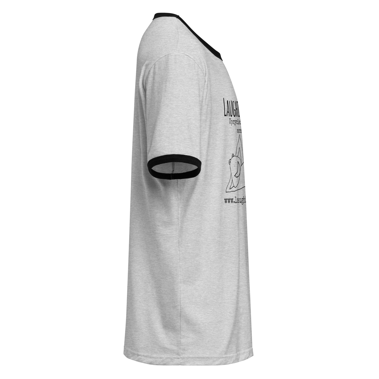 Side view of Laughing Frog Studio branded ringer t-shirt in heather gray - upcycled silverware jewelry accessories and more - laughingfrogstudio.com