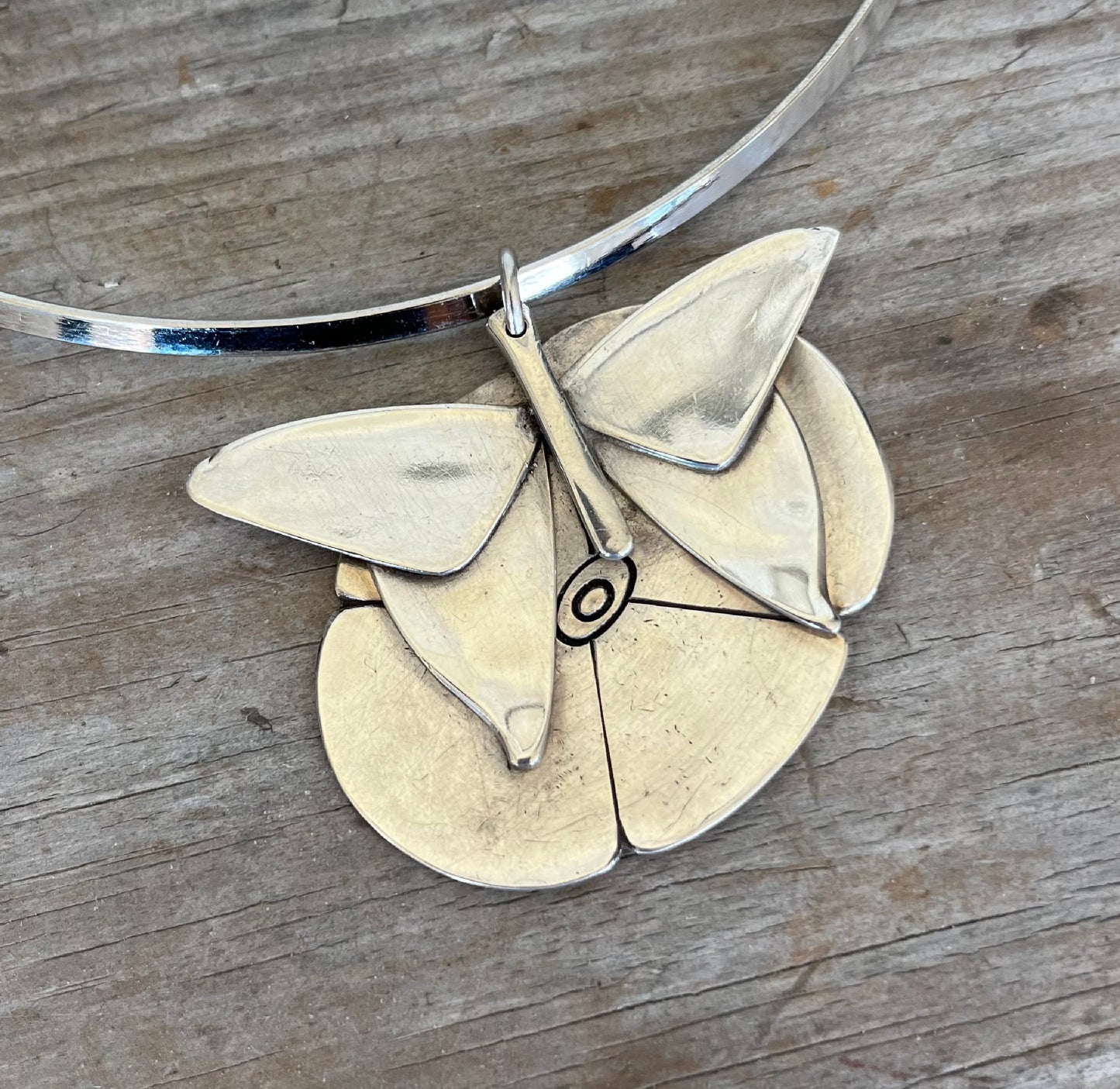 Sterling Silver Spoon Butterfly on Flower Cuff Necklace - #0791