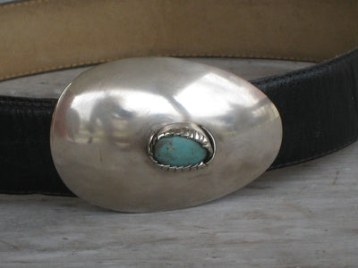 Turquoise stone spoon belt buckle, detail of stone setting - handcrafted from upcycled vintage silverware - Laughing Frog Studio