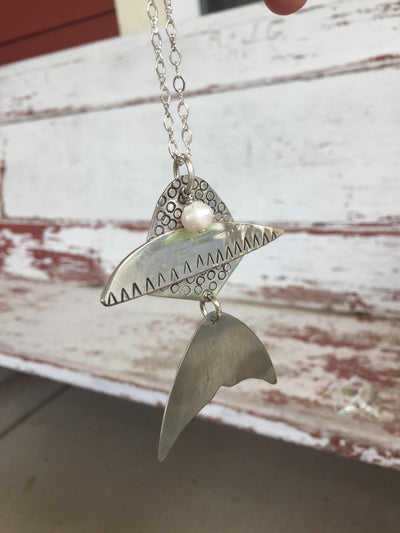 Eco-friendly upcycled silverware fish statement necklace with cultured pearl accent - handmade artisan design